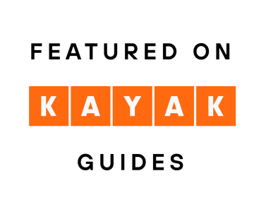 Text reads 'Featured on KAYAK Guides' with 'KAYAK' in orange boxes.