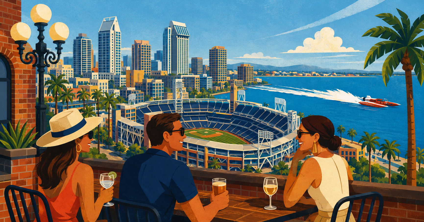 Three adult travelers enjoy drinks overlooking Petco Park as a hydroplane crosses San Diego Bay.