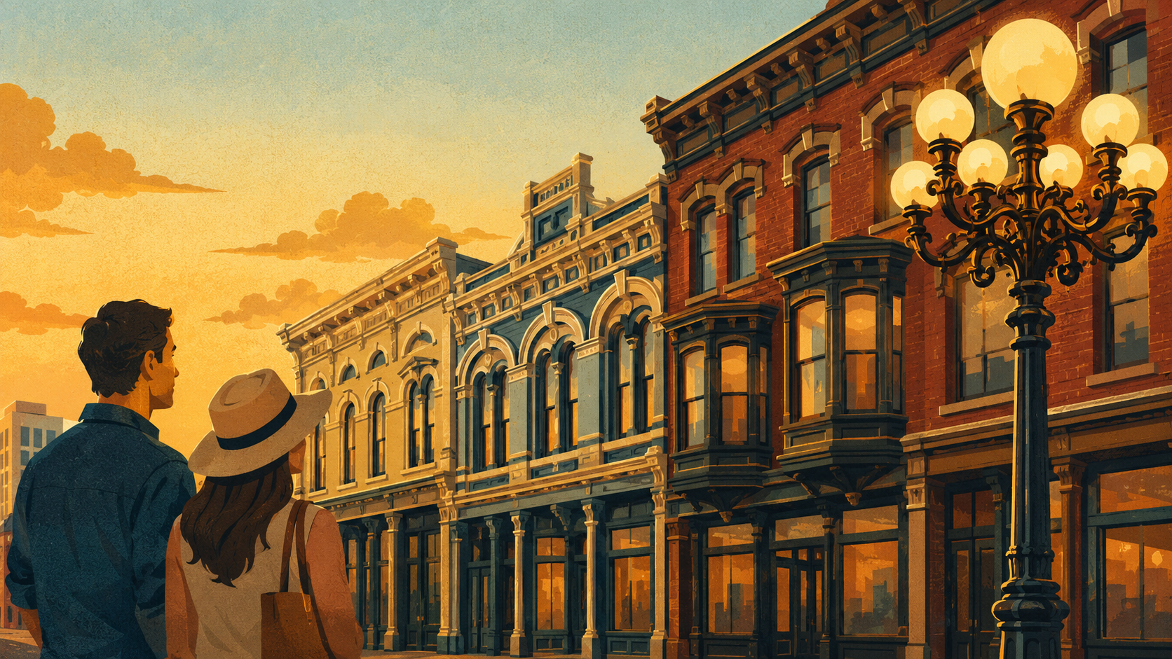 Editorial illustration of historic Gaslamp Quarter buildings, glowing street lamps and adults exploring San Diego history