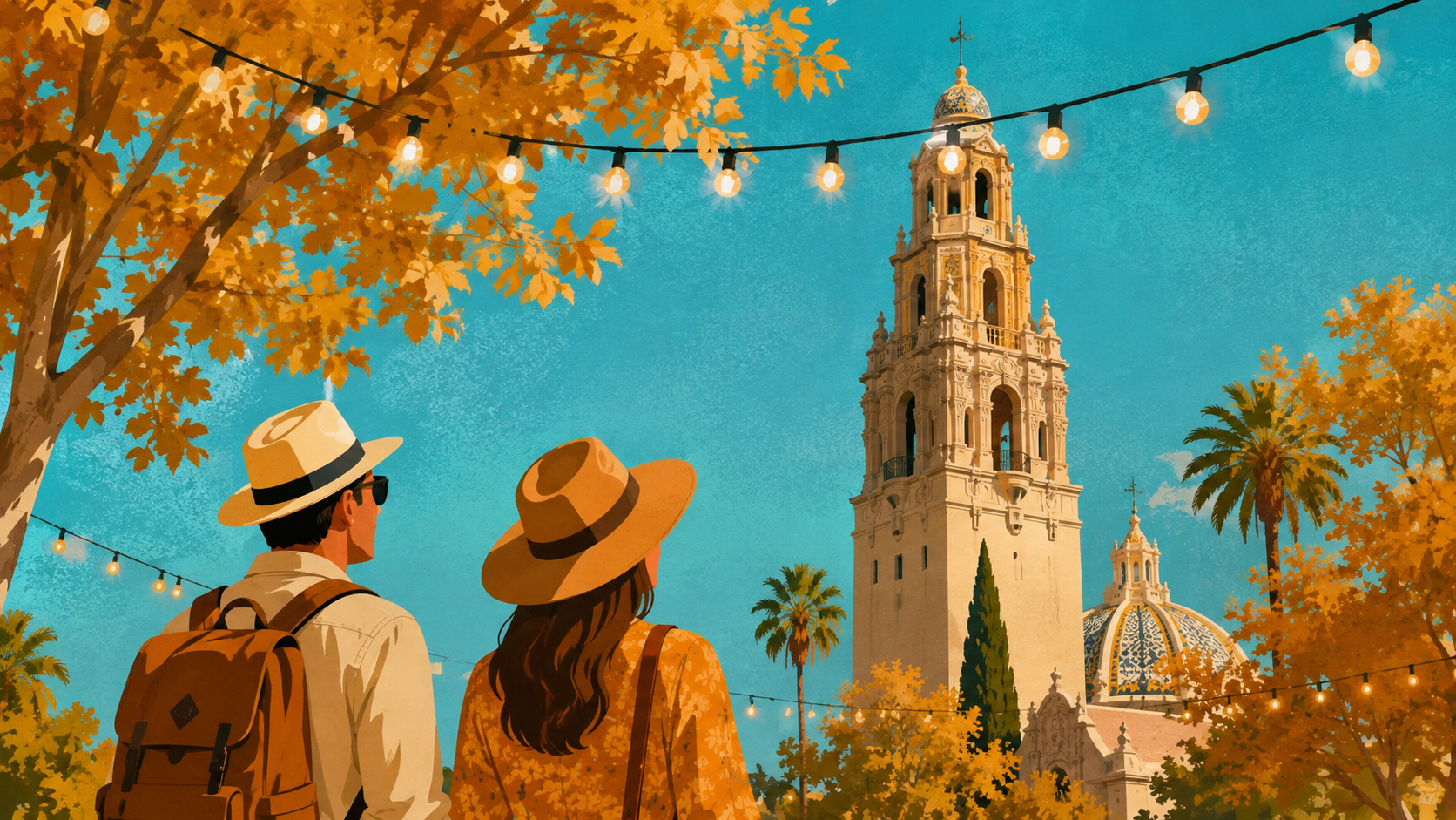 Illustrated October scene in San Diego with Balboa Park’s California Tower, adult travelers and warm festival lights