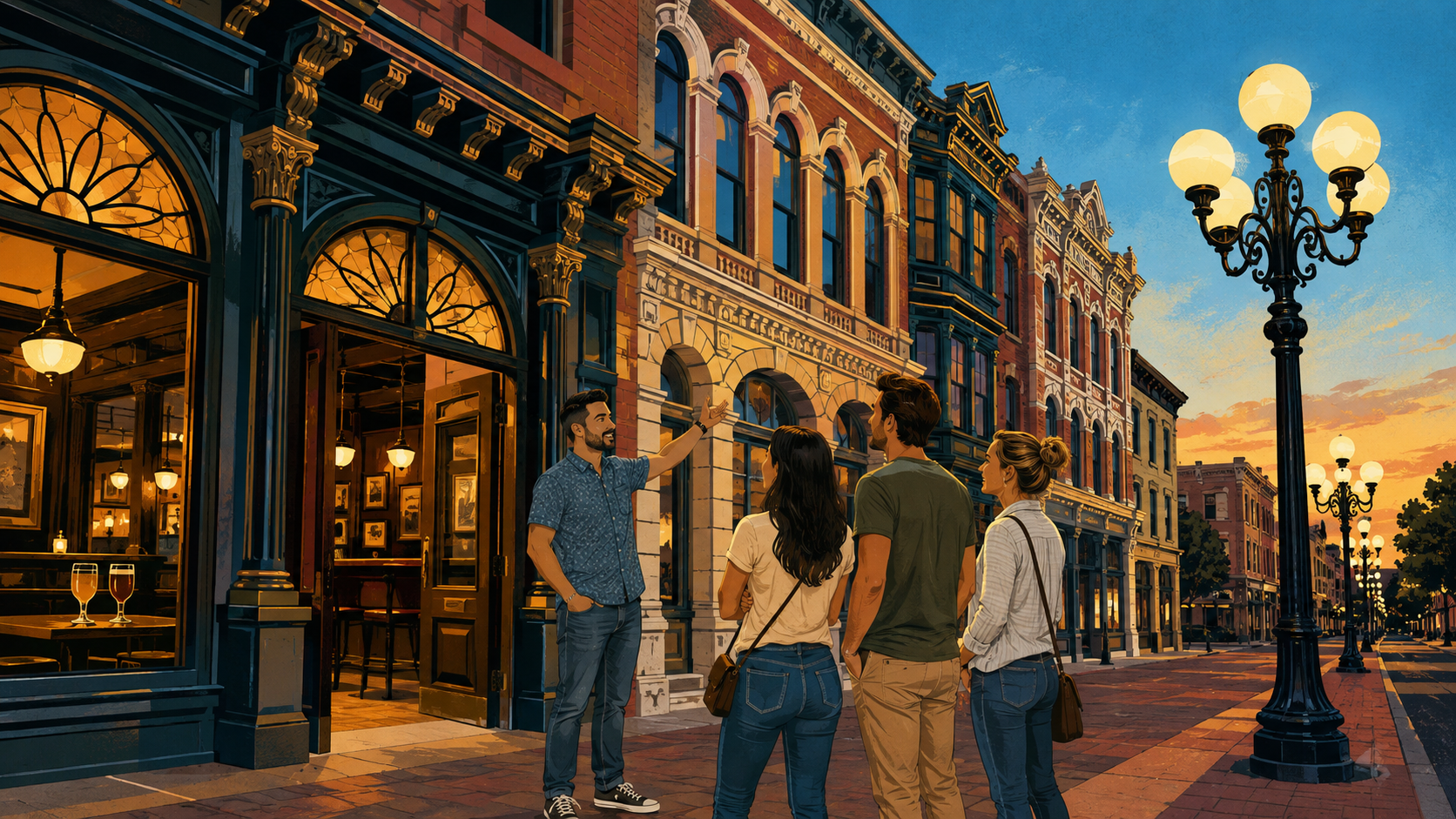 San Diego guide showing adult travelers historic Gaslamp Quarter buildings outside a tavern at sunset