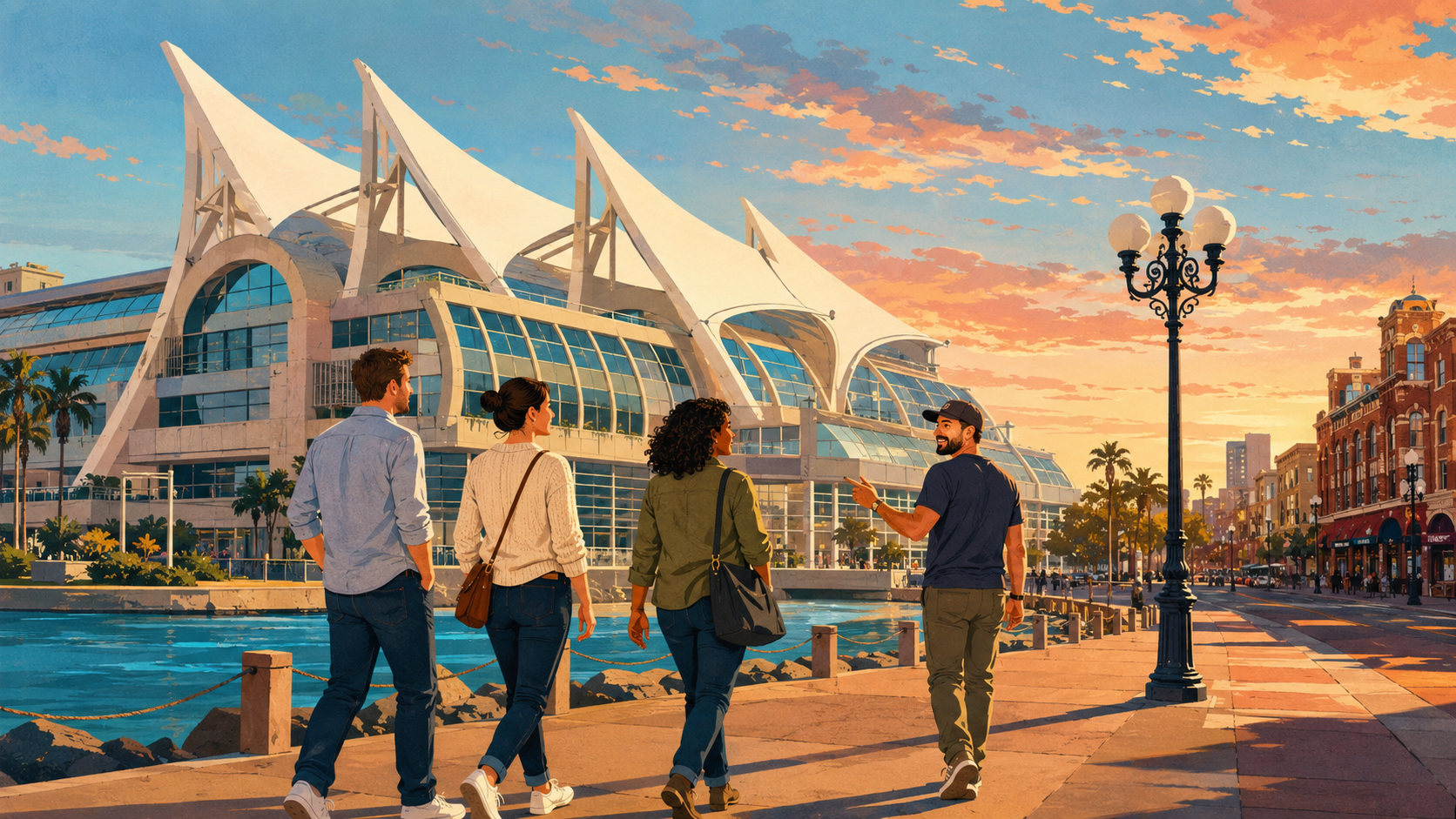Casually dressed adults walking from the San Diego Convention Center toward the Gaslamp Quarter at sunset