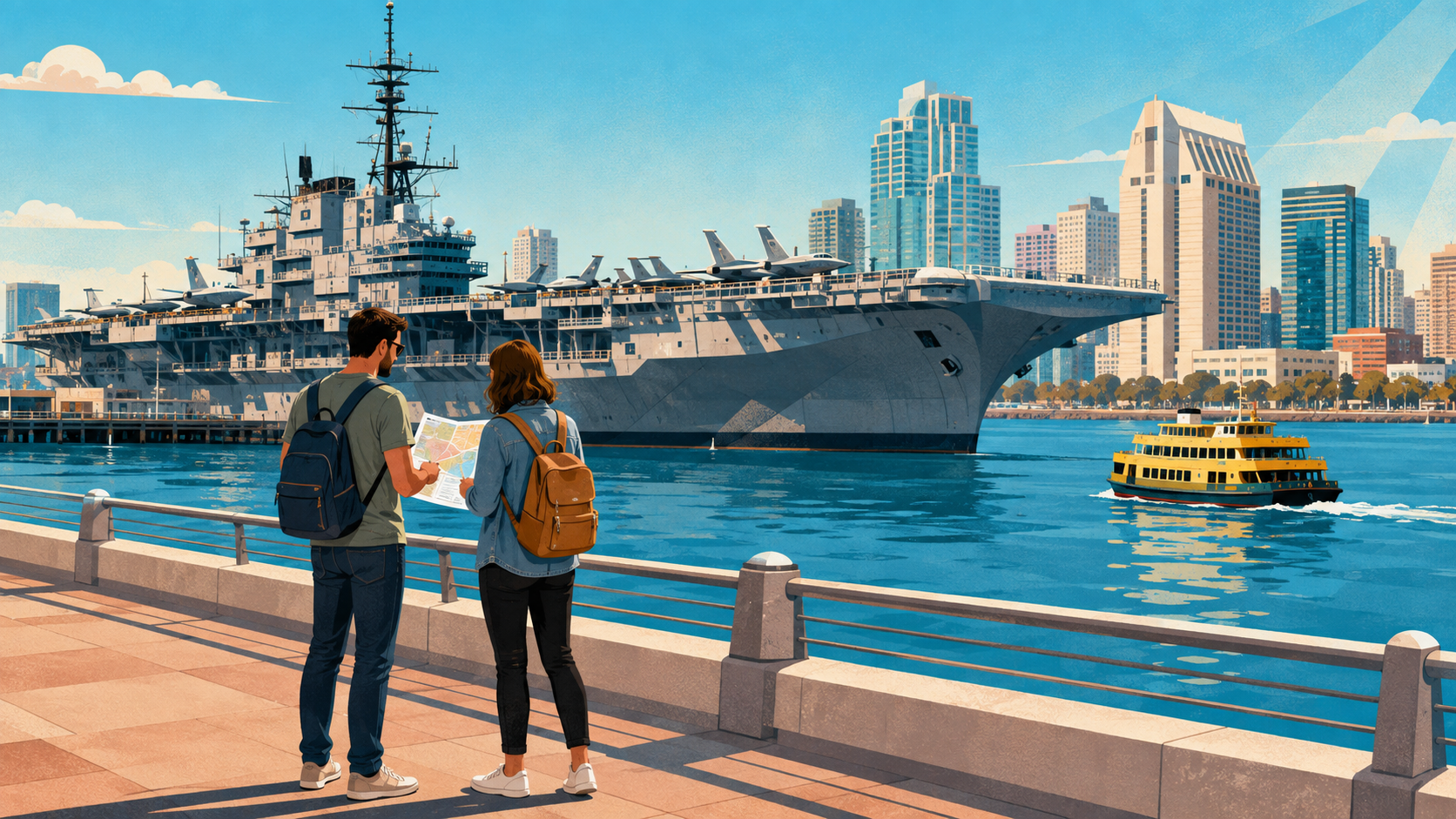 Adult travelers planning a San Diego trip beside the USS Midway as a Coronado ferry crosses the bay