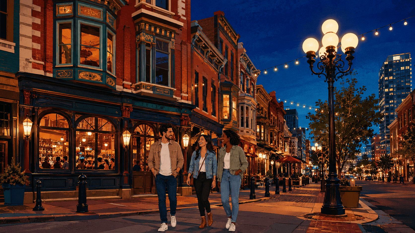 Adult friends walking past glowing taverns and Victorian buildings in San Diego’s Gaslamp Quarter at night