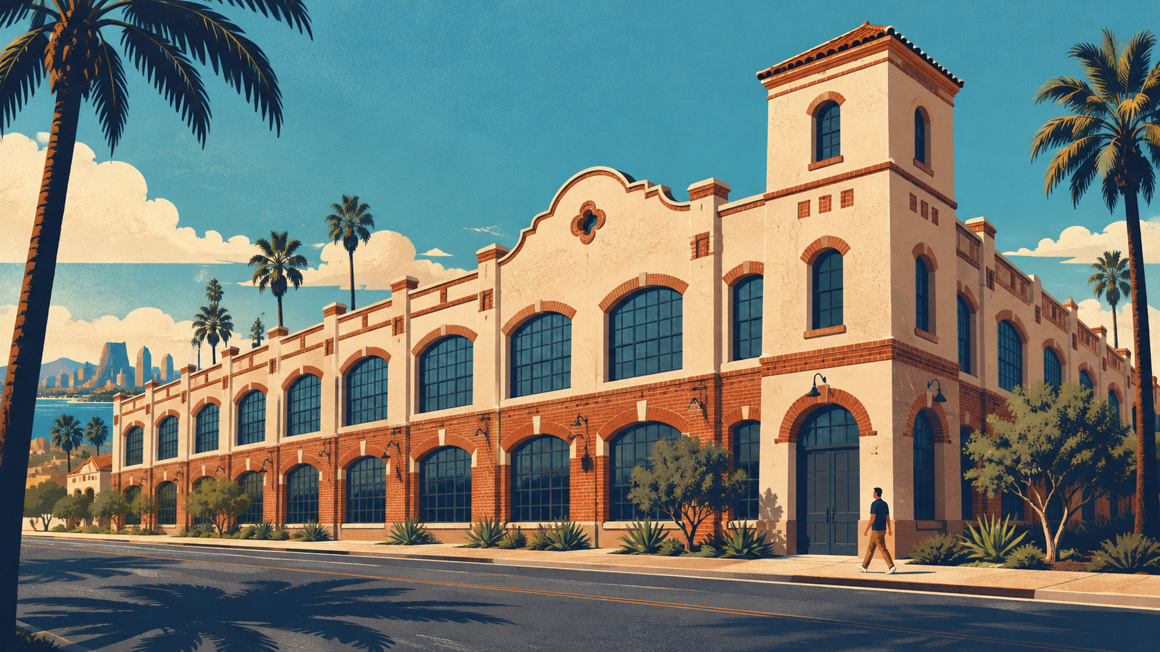 Illustrated historic Mission Revival industrial building in San Diego, with an adult visitor and palm trees.