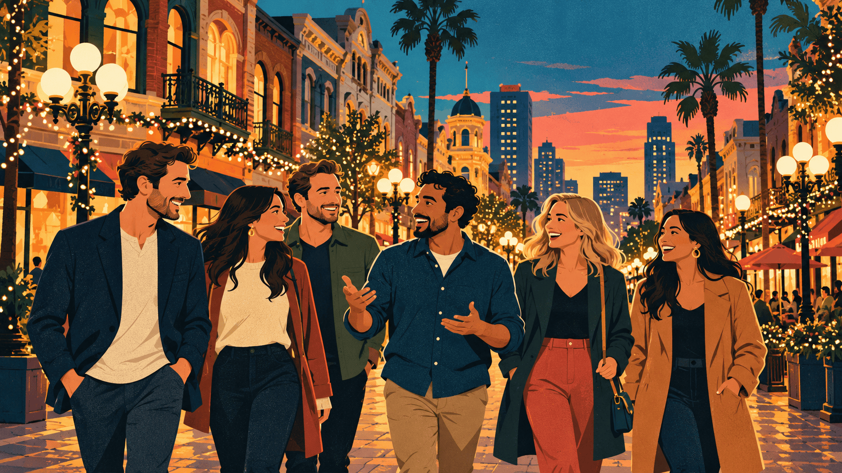 Illustrated group of adult coworkers and friends walking with a casual guide on a festively lit Gaslamp street.