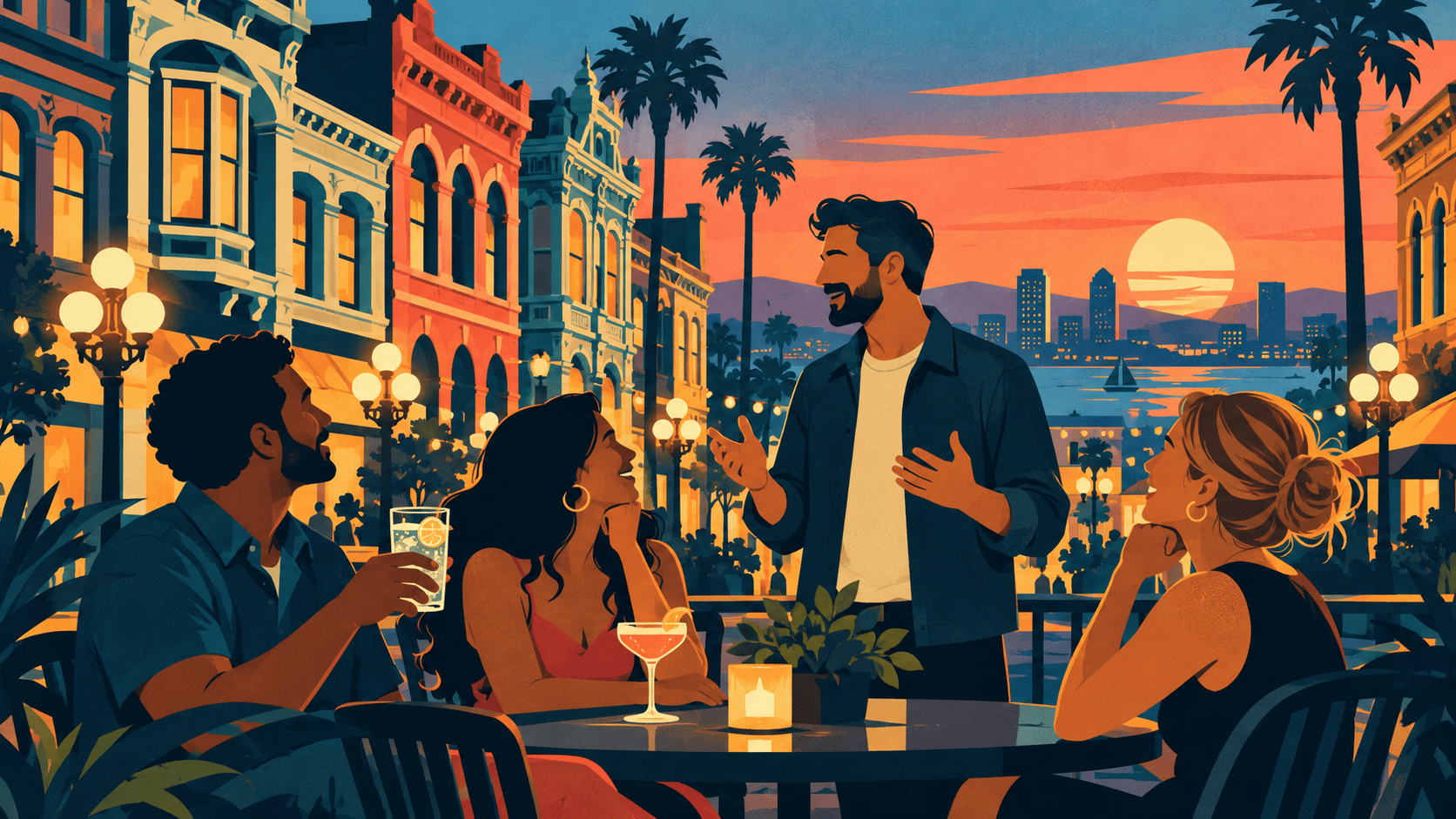 Illustrated guide shares a story with adult guests in the Gaslamp Quarter; one guest holds sparkling water and another a cocktail.