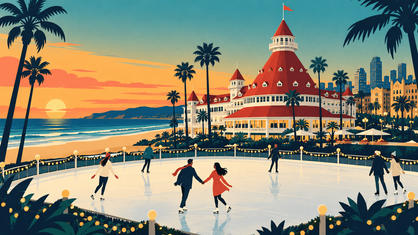 Illustrated Hotel del Coronado beside the Pacific with a beachfront skating rink, holiday lights, palm trees and adult visitors.